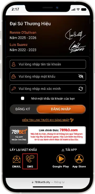 Bước 1: Trong giao diện đăng nhập, chọn "lấy mật khẩu qua SMS”
